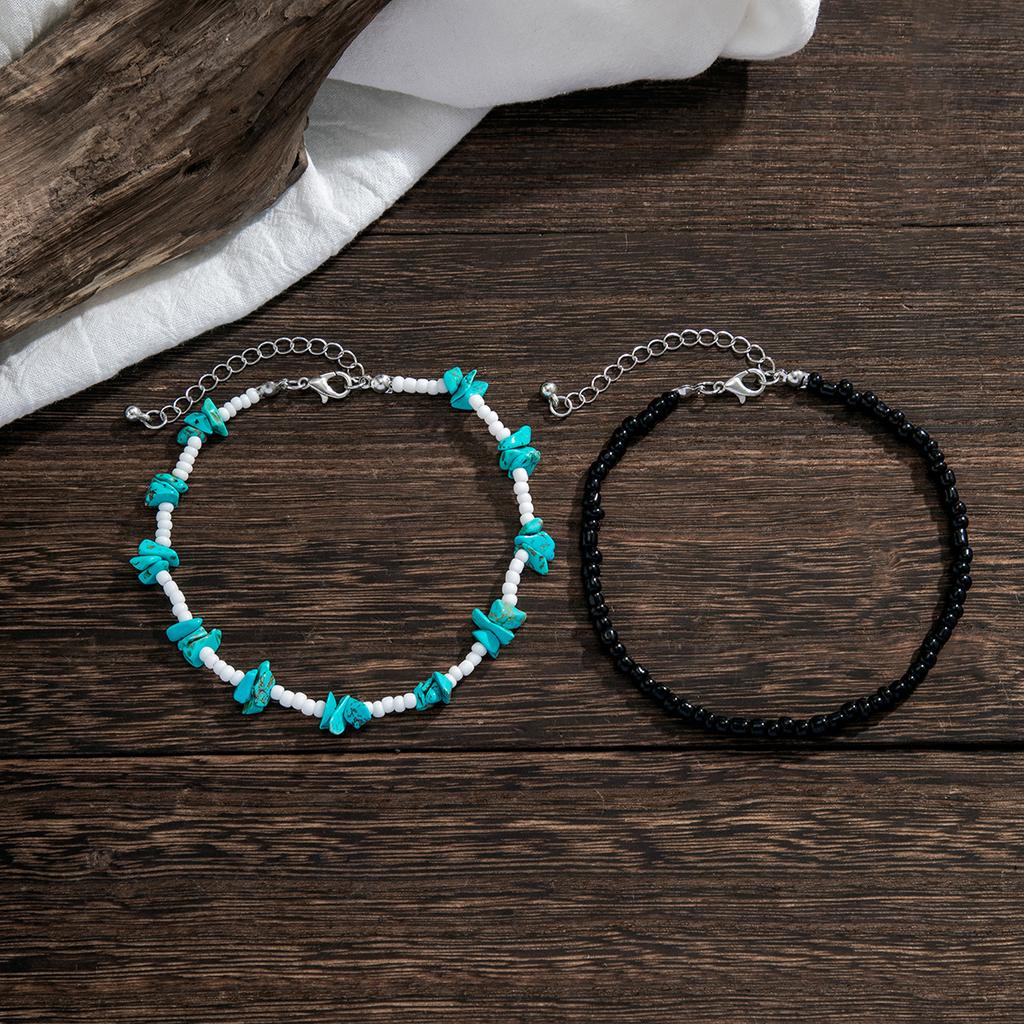 European and American Pine Stone Rice Bead Foot Chain for Men, Simple Beach Double Layered Stacked Foot Rope Versatile Beaded Jewelry Gift