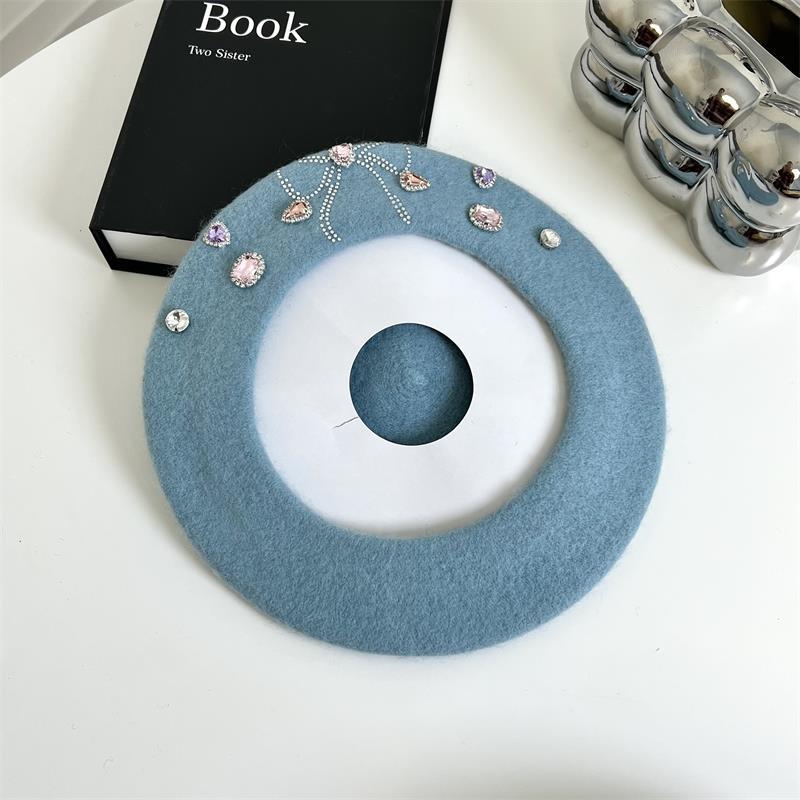 Sweet Girl Bow Beret Korean Style Big Head Woolen Hat Painter Hat Rhinestone Western-Style Fashion Octagonal Hat