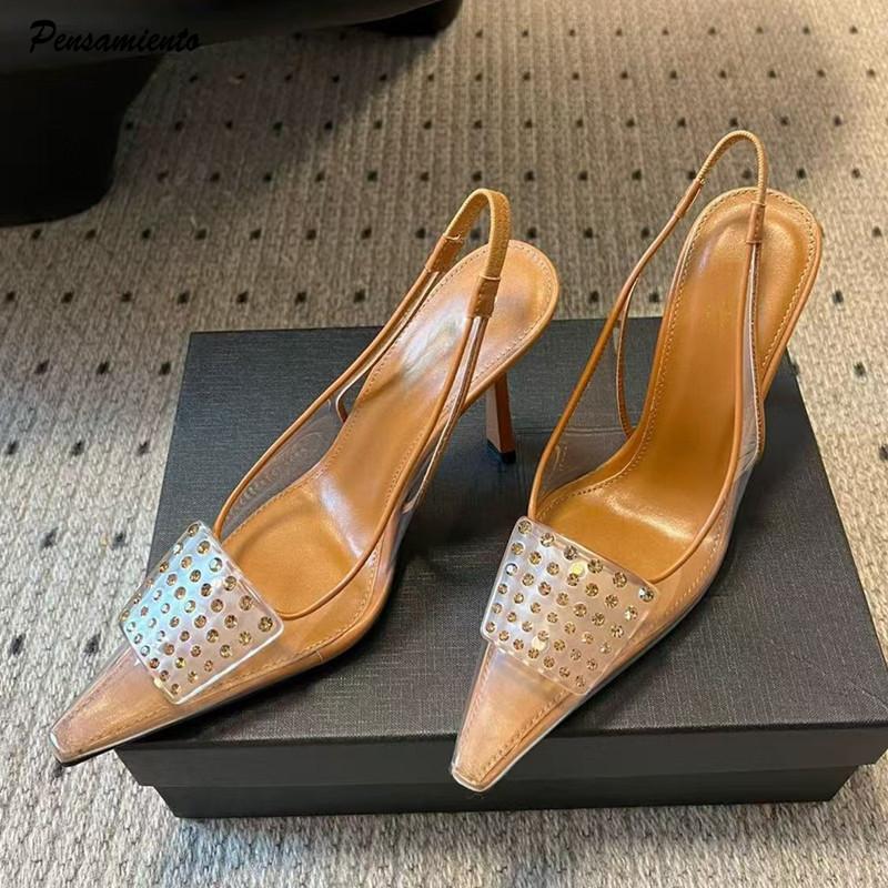 Fashion Luxury Rhinestones Transparent PVC Women Pumps Fashion Summer Slingbacks Stiletto High heels Elegant Female Wedding Party Shoes