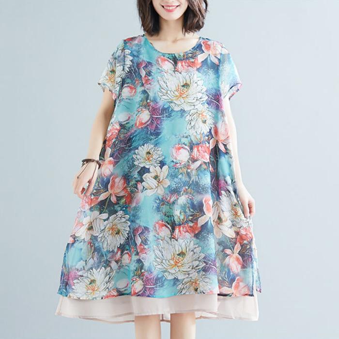 Damenbekleidung Chiffonkleid Große Größe Locker Rundhals Kurzarm Druck Mittellang