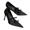 Premium polka dot French temperament bow square head black rhinestone single shoes women's shoes new high heels