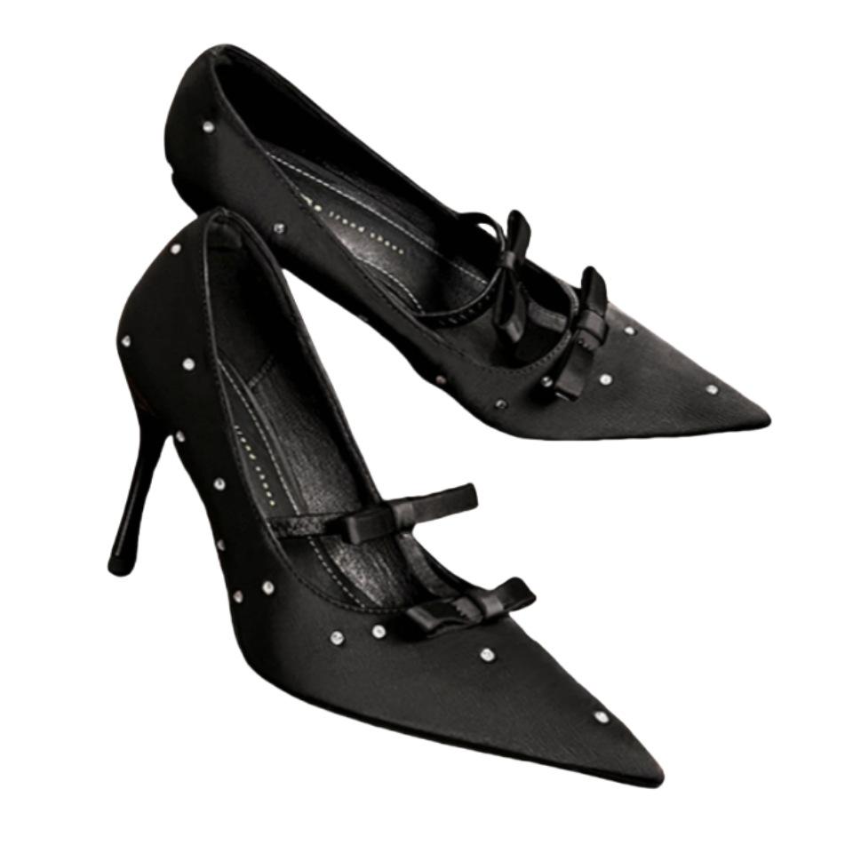 Premium polka dot French temperament bow square head black rhinestone single shoes women's shoes new high heels