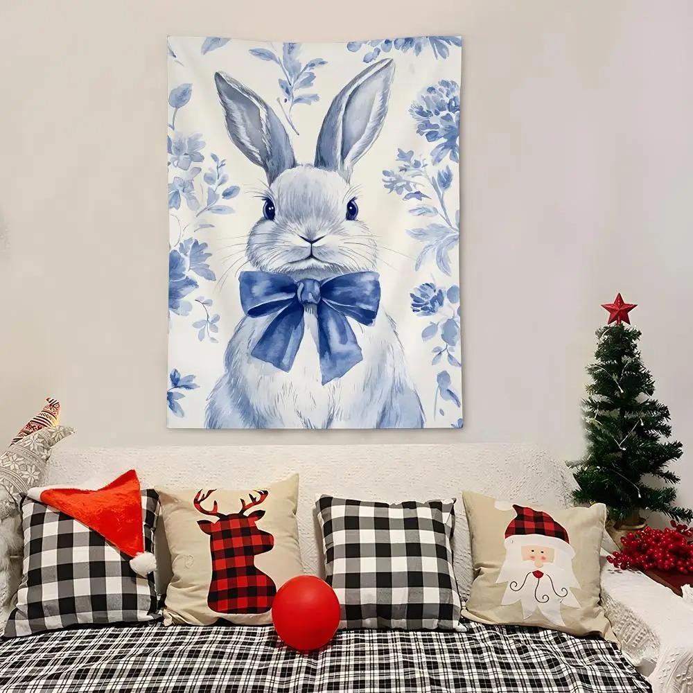 1pc Blue Bunny Easter Egg Tapestry 2D Single Print Elegant Home Decor Soft Accessory Charming Functional HolidayThemed Durable