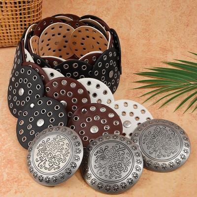 Cintura Larga in Pelle Stile Western Vintage con Decorazione a Disco Metallico Vuoto