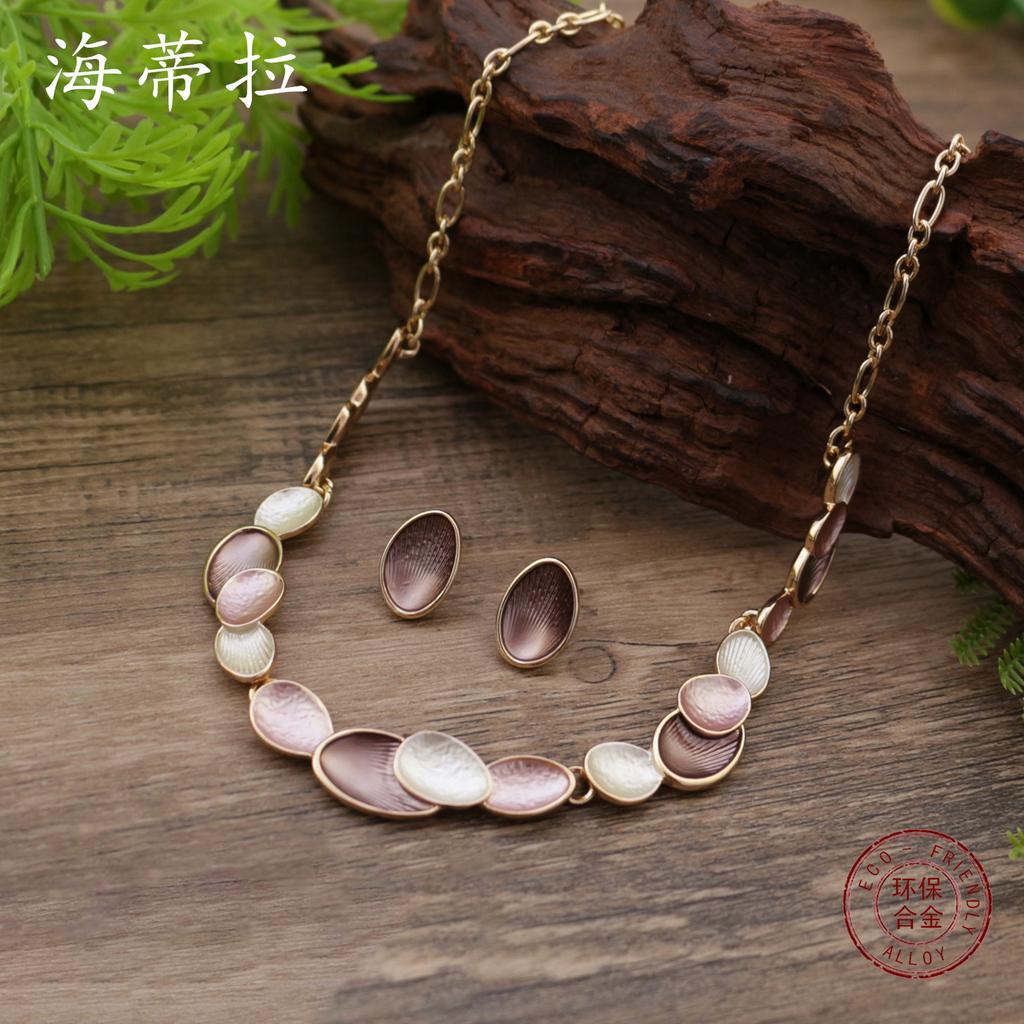 New Color Painting Oil Oval Petal Stud Earrings Necklace Set Women's Versatile Flower Stud Earrings Necklace Set