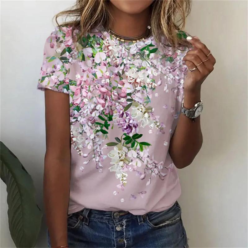 Summer Flower Pattern 3D Printed T-shirt for Women, Round Neck Short Sleeved Casual T-shirt, Harajuku T-shirt, Y2k Top, Women's Clothing