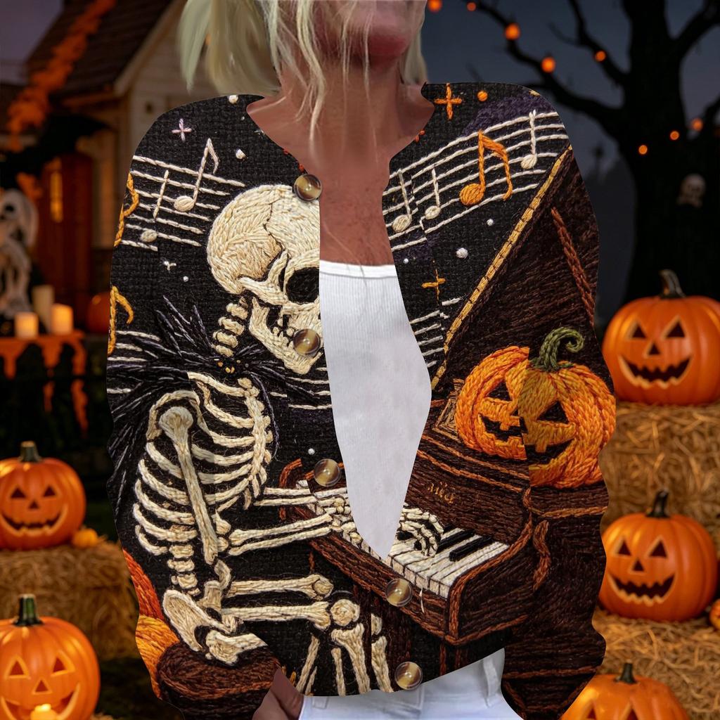 Women's Halloween Long Sleeve Knit Cardigan Button Up Sweater Skeleton and Pumpkin Musical Print Lightweight Outerwear for Fall and Winter