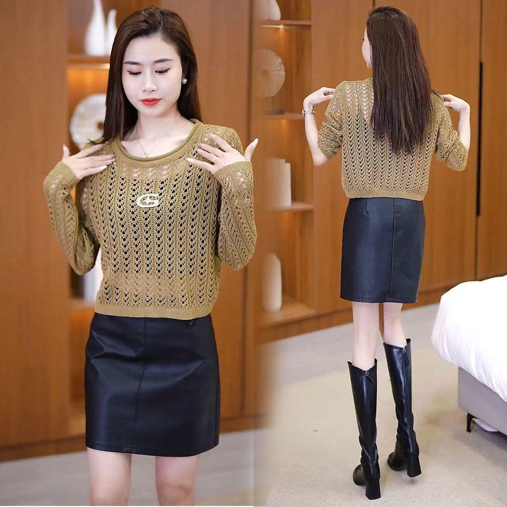Fashionable Hollow Out Knitted Sweater for Women Versatile and Slimming Long Sleeved Round Neck Hooded Top