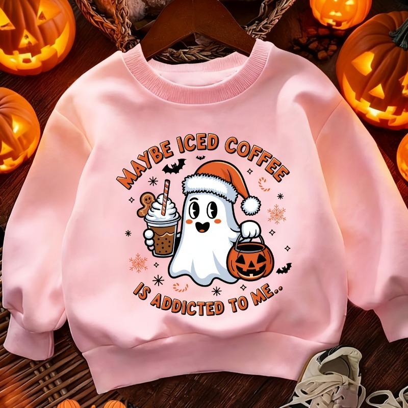 Kids Crewneck Sweatshirt, Halloween Cute Ghost Print Holding Iced Coffee & Pumpkin Bucket