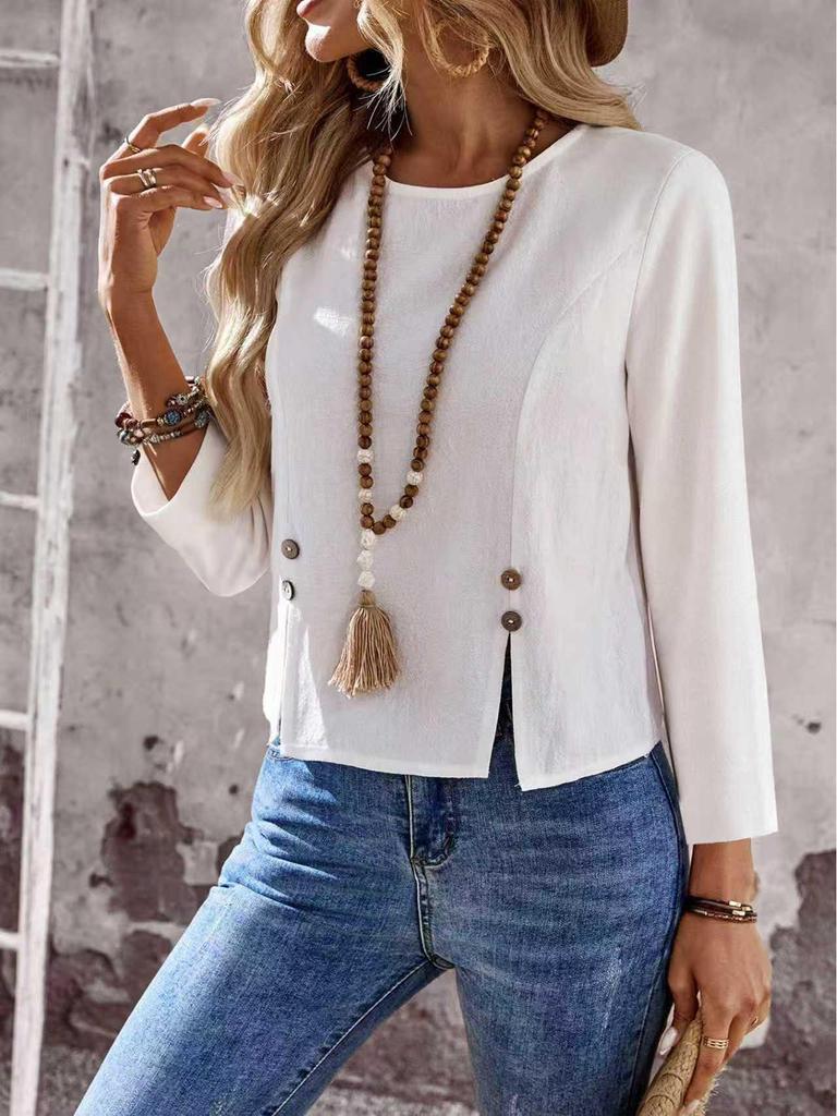 European White Long Sleeve Button-Decorated Split Casual Shirt