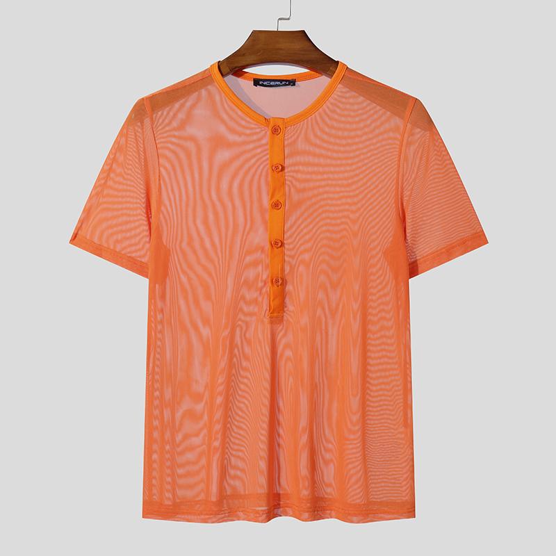 

INCERUN Летние мужские футболки с пуговицами, с круглым вырезом, с коротким рукавом, сетчатые, прозрачные, облегающие, клубная одежда M оранжевый