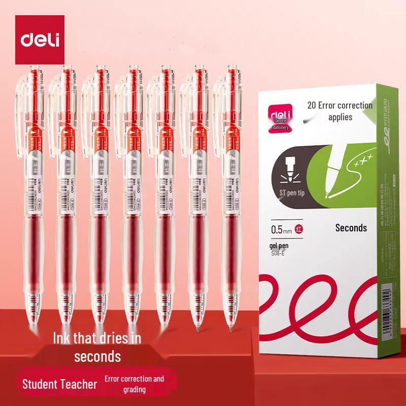 Deli Quick-Drying Press-Type 0.5mm ST Nib Student Pen: Transparent Barrel Black Ink.