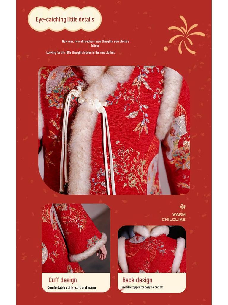 Dívčí zimní Hanfu 2025: Šaty v tangovém stylu s fleecovou podšívkou, stylové čchi-pao pro oslavy Nového roku