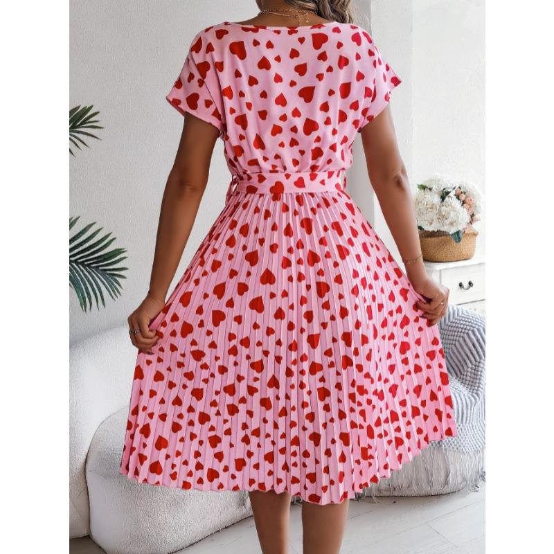 Spring Summer O Neck Printed Casual Short Sleeved Pleated Women Dress Loose Fashion Elegant A-line Party Lace-up Dresses Simple Women's Clothing