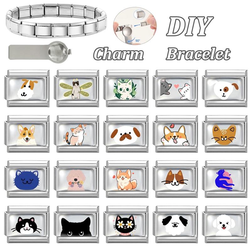Cute Animal Series Dragonfly Flower Cat Corgi Dog Italian Charm Links Fit 9MM Stainless Steel Bracelet DIY Jewelry Making Gift