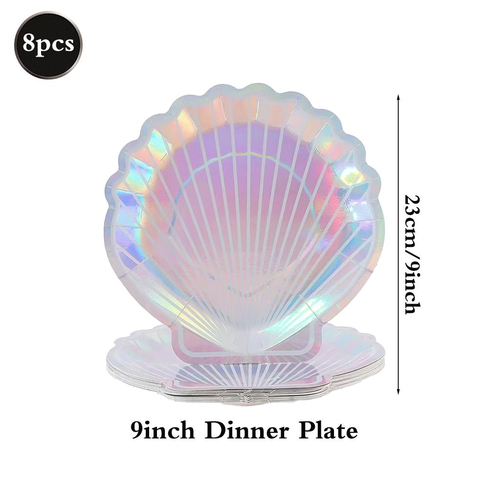 Holographic Mermaid Party Decorations Iridescent Under The Sea Girls Birthday Shell Tableware Plates Cups Tablecloth Baby Shower