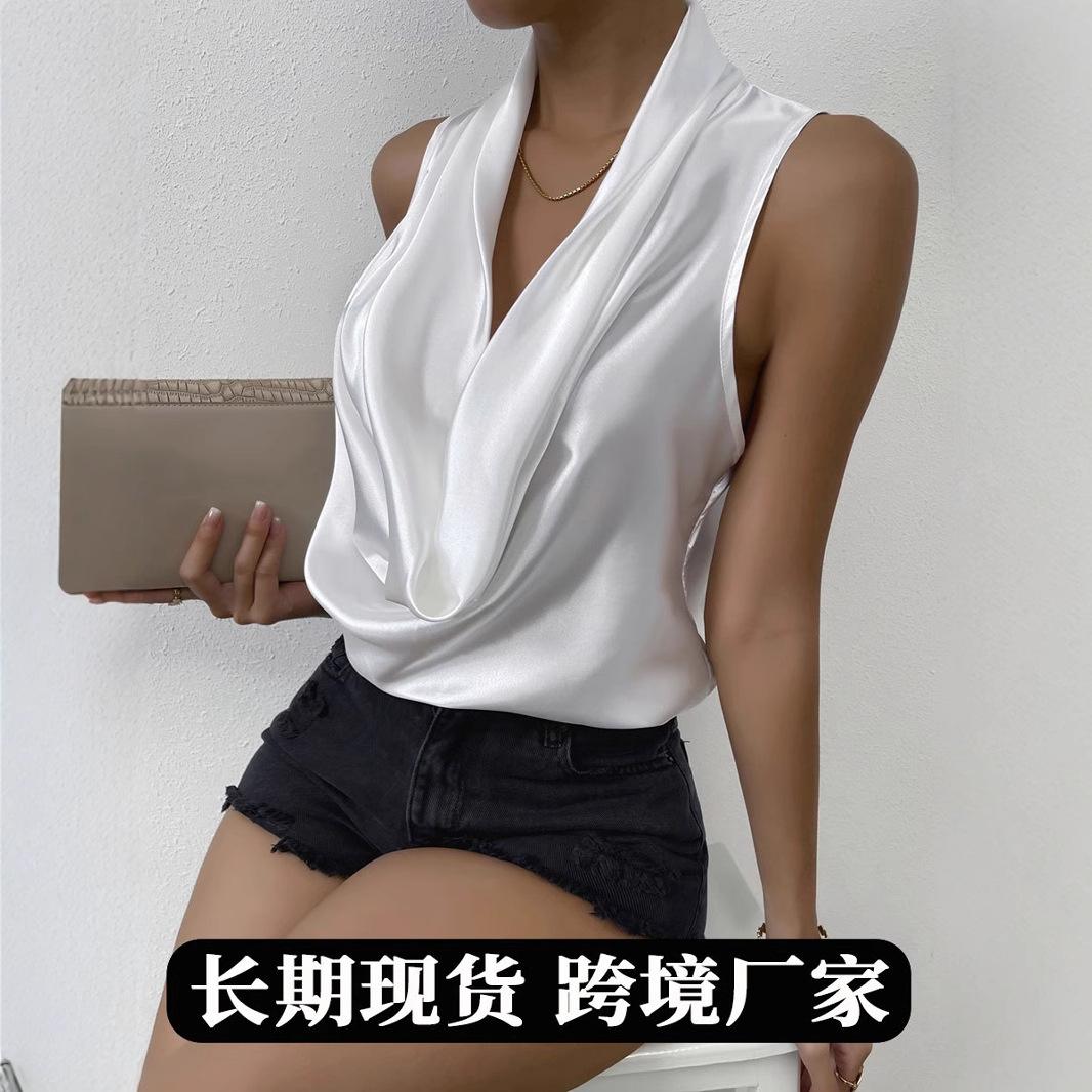 Women Satin Cowl Neck Sleeveless Draped Blouse S