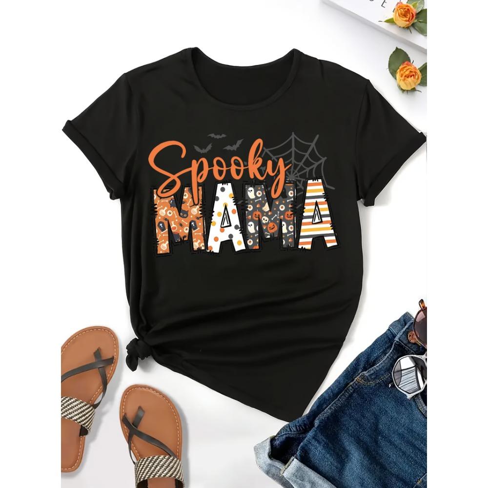 Spooky Mama Halloween Graphic Women's Crew Neck Short Sleeve Spider Web Bat Design Perfect for Spring