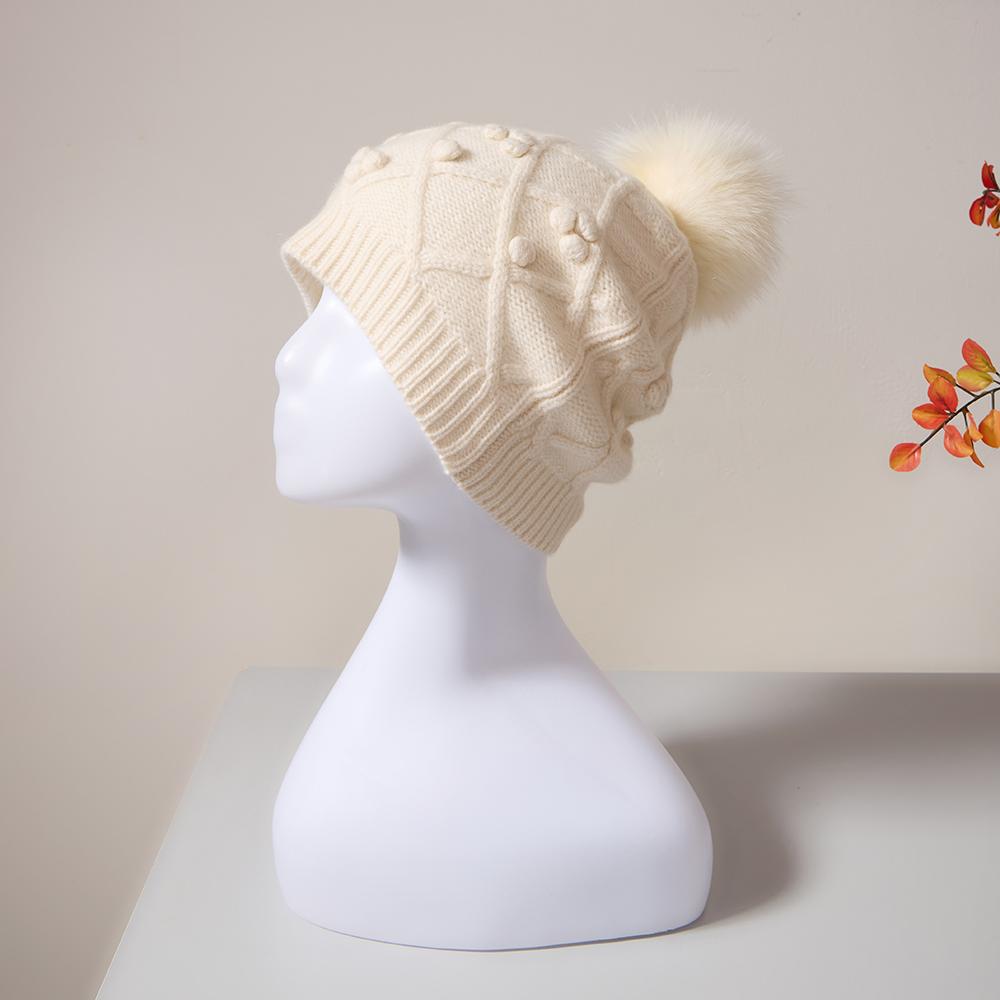 Winer Women 100% Inner Mongolian Cashmere Beanie Hat Luxury Fashion Girls Warm Cashmere Beanie Cap With Real Fox Fur Pom Pom One Size белый