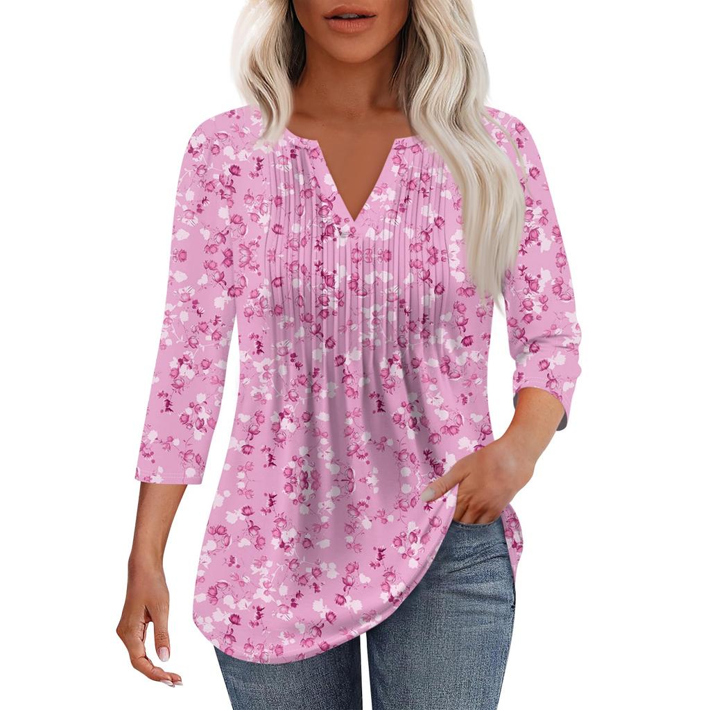 Modisches, lässiges T-Shirt mit plissiertem V-Ausschnitt und einfarbigen Siebenviertelärmeln für Damen