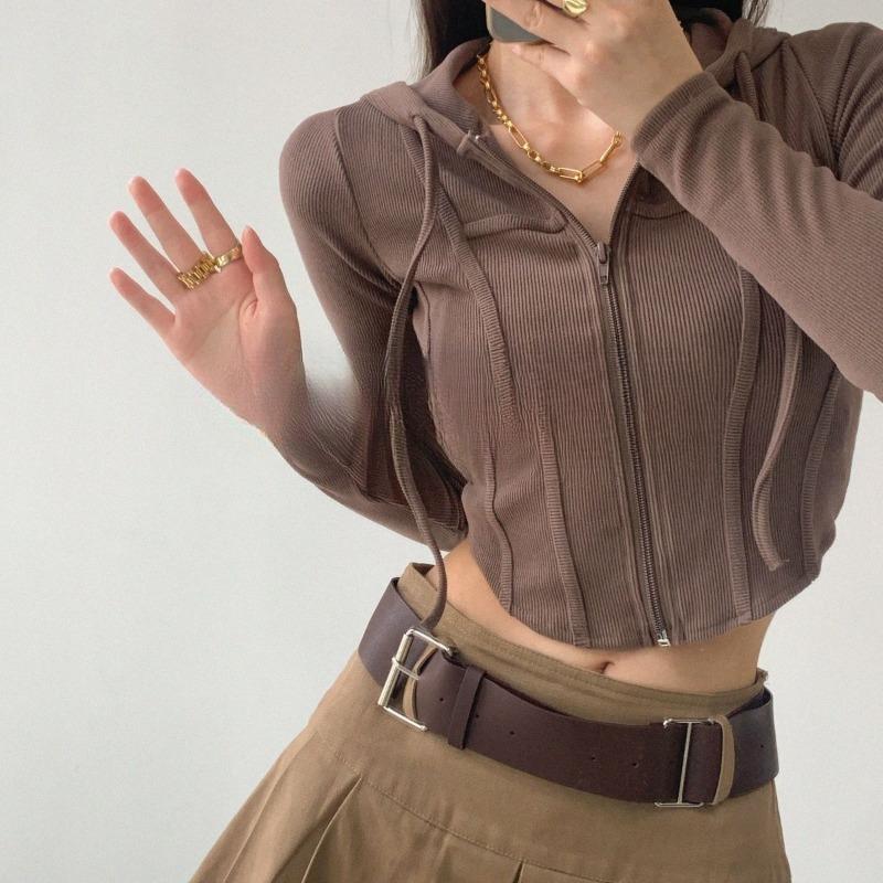 

Европейский и американский кардиган с капюшоном на молнии, женская весенняя ретро-облегающая спортивная куртка с короткими рукавами и открытым пупком M коричневый