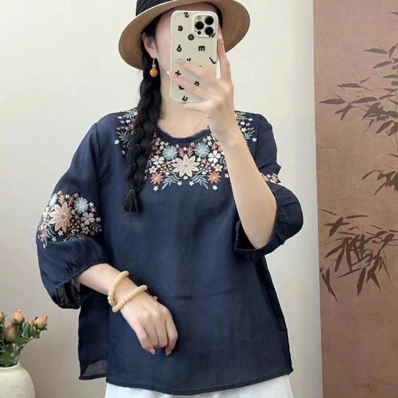 Damen Leinen Baumwolle Bestickte Bluse Freizeit 3/4 Puffärmel Locker geschnittenes Hemd