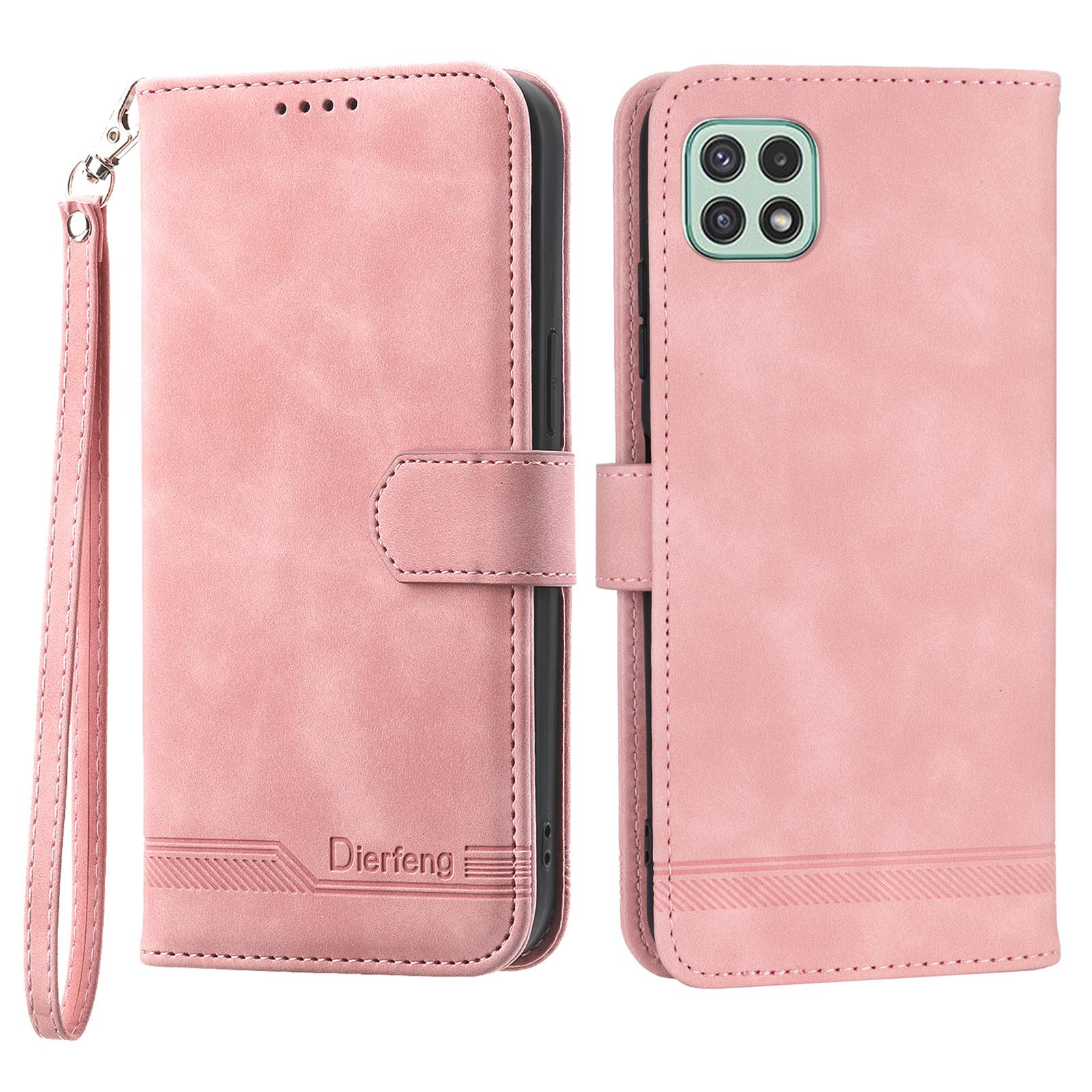 

DIERFENG DF-03 Stand Phone Case for Samsung Galaxy A22 5G (EU Version),Lines Imprinted PU Leather Wallet Cover Pink