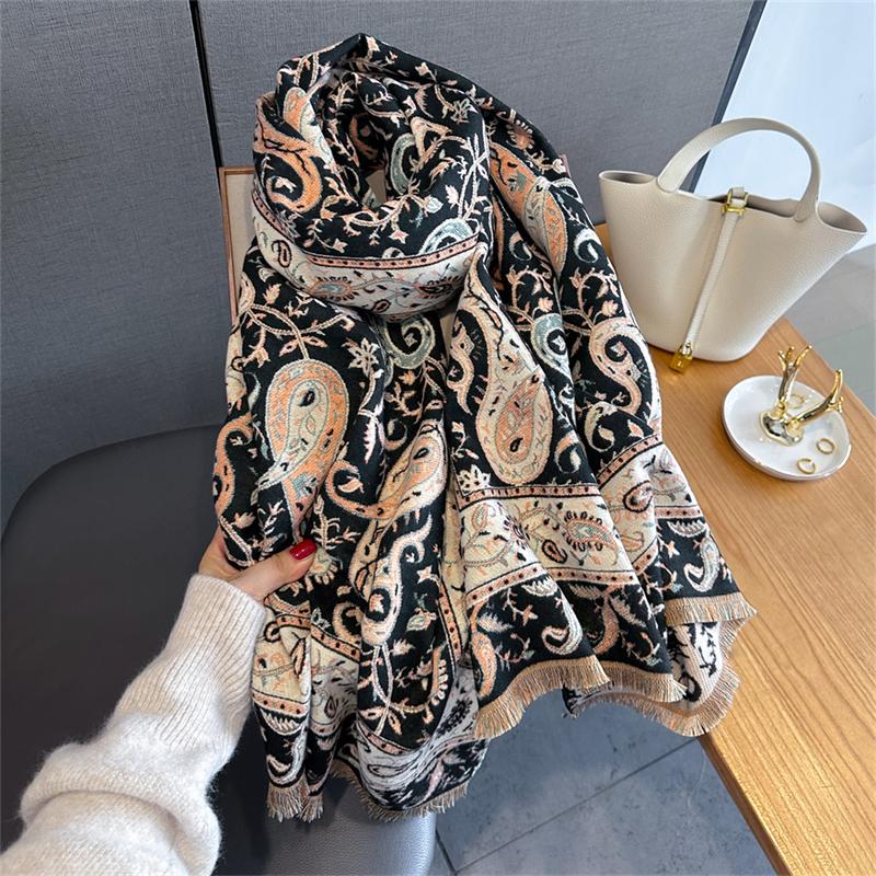 Design Floral Impresso Cashmere Cachecol Feminino Inverno Pashmina Xales E Envoltórios Grosso Quente Bufanda Estolas Cobertor Luxo