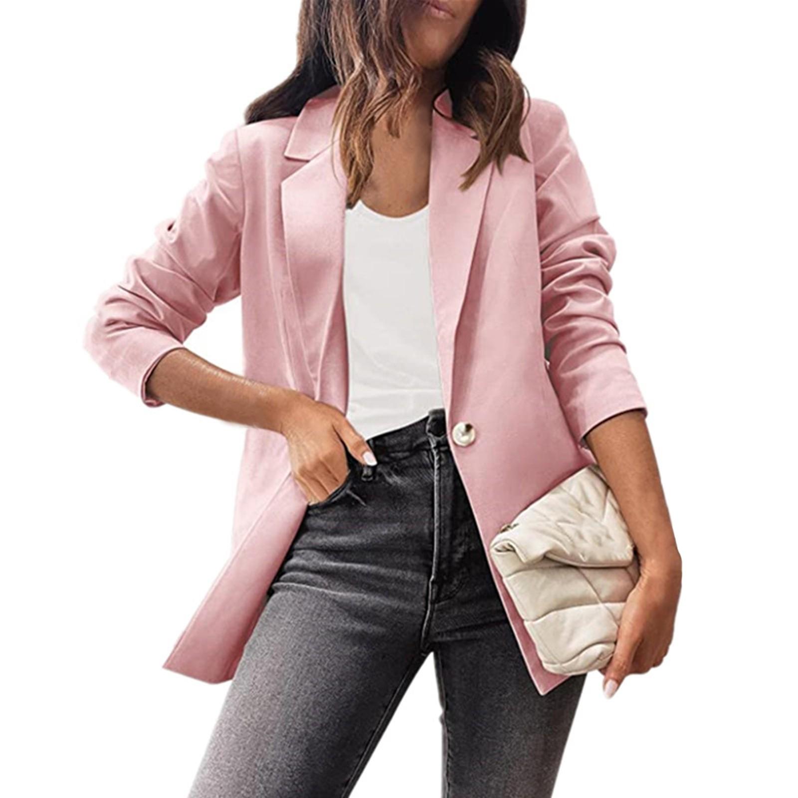

Women s Solid Color Casual Long Sleeve Cardigan Pocket Casual Jacket Suit Jacket XL розовый