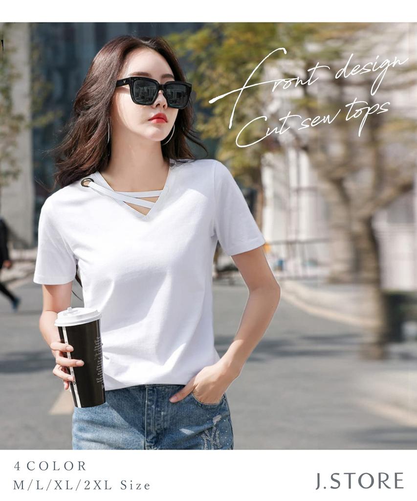 cut and short street Harajuku summer summer cool one white [J.STORE] T-shirt, sew, V-neck, women's, sleeve, top, v-neck, spring, summer, Korean,