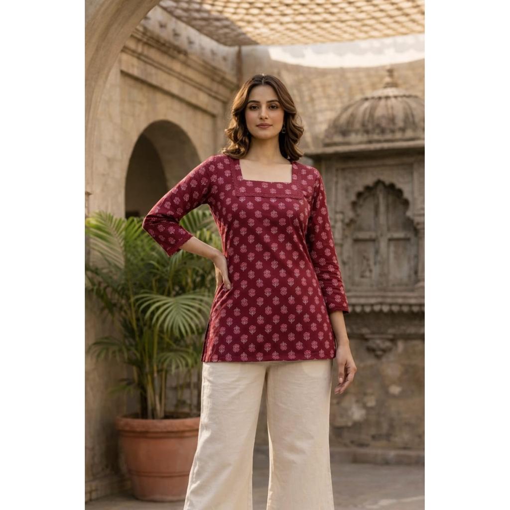 Floral Printed Pure Cotton Top Tunic Kurti Women Office Wear Short Kurta Dress