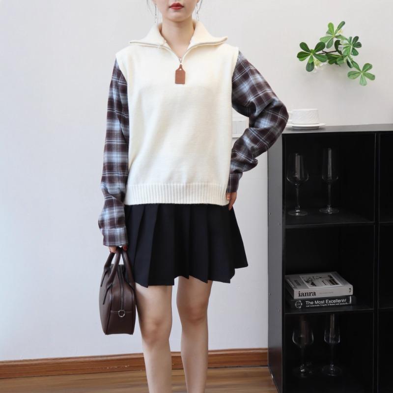 Autumn new splicing plaid shirt fake two-piece sweater pullover design semi-zipper knitted sweater top women