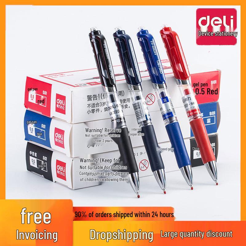 Black/Blue/Red Deli S01 Click Ballpoint Pen - 0.5mm for Students