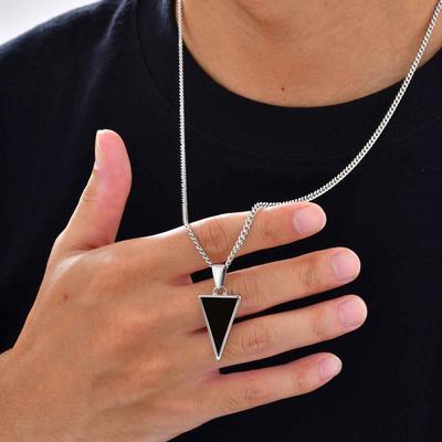 Geometric Triangular Black Agate Pendant Necklace,Stainless Steel Natural Stone Necklace for Men, Minimalist Trendy Jewelry Gift