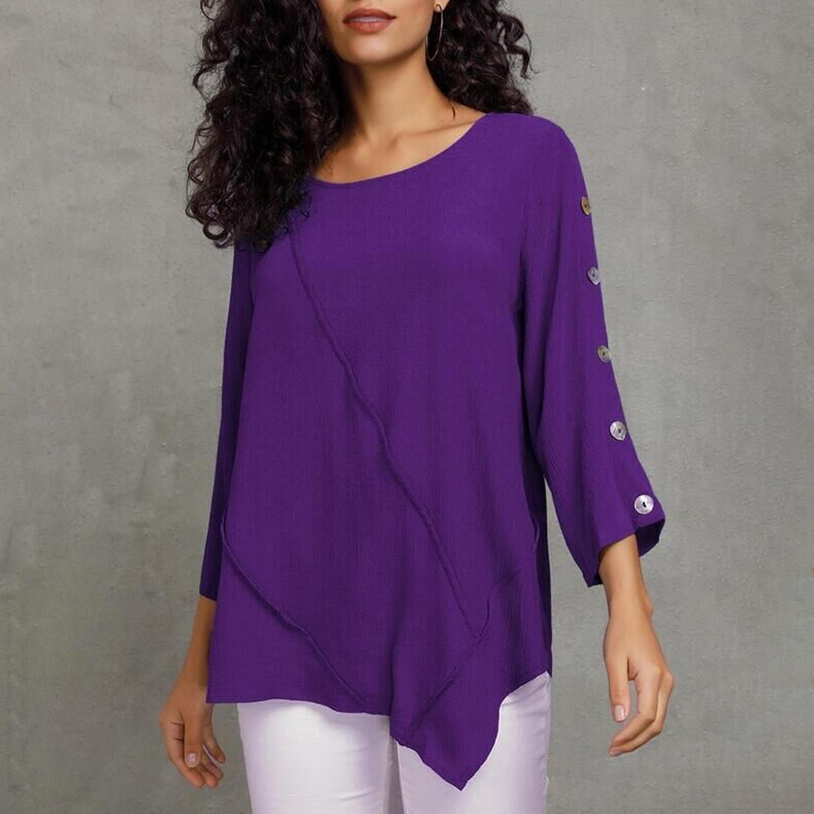 

Женский модный свободный однотонный шифоновый топ с круглым вырезом и круглым вырезом со средними рукавами, прострочкой и нерегулярной кромкой, украшенный пуговицами XXXXXL фиолетовый