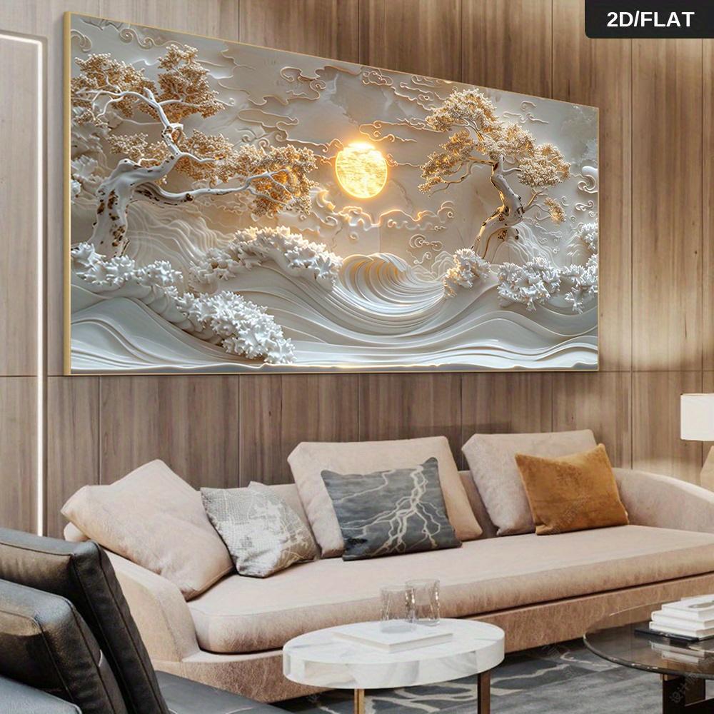 A Modern Abstract Gold Moonlight Tree Tranquil Landscape Oil Painting Wall Art Piece, Featuring Swirling Waves and a Full Moon,