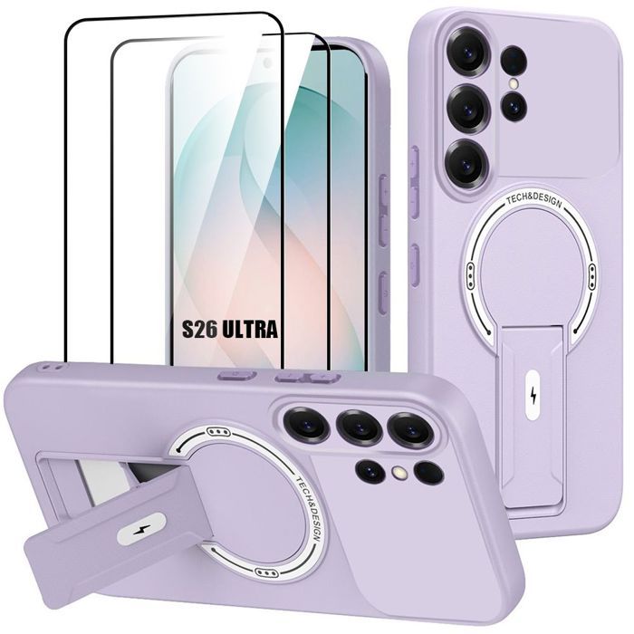 Coque Silicone - BOOLING - pour Samsung Galaxy S26 Ultra - avec Support - Violet - 2 Vitres