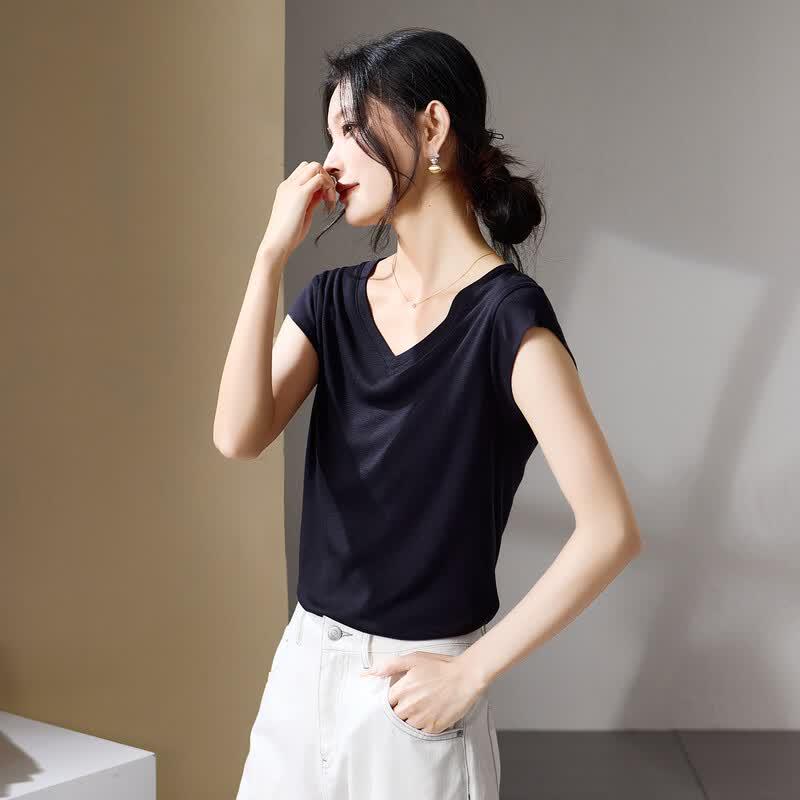 SOFSIL 2026 Summer Silk Blend V-neck Short Sleeve T-shirt L