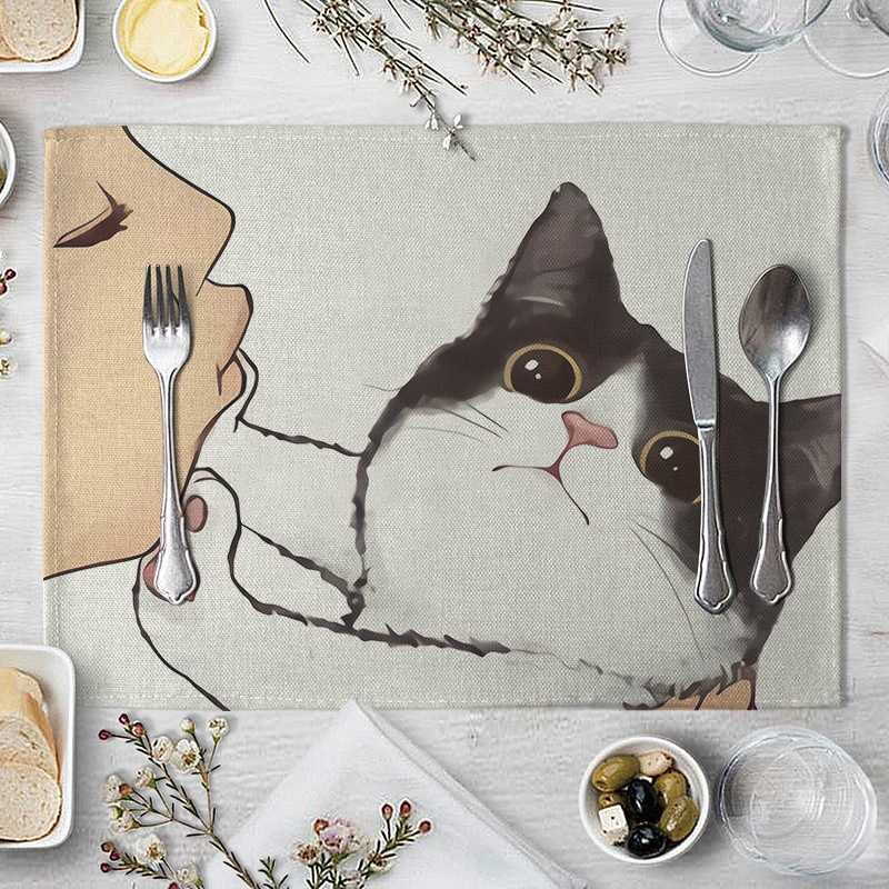 Cartoon Cat Placemat Cotton Linen Table Mat Kawaii Cats Animal Pattern Place Mats For Children Kids Kitchen Dinning Coaster Pad