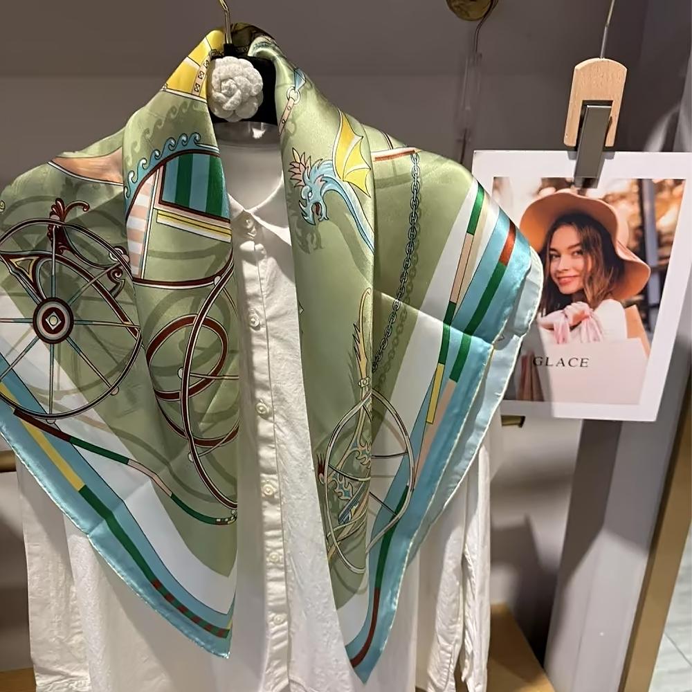 Light Green 100% Mulberry Silk Scarf Headscarf Elegant Carriage Design Square Scarves Shawls 90Cm Pure Silk Scarf Hair Wrap