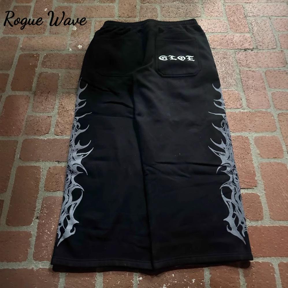 RogueWave Y2k Retro Casual Pants Harajuku Gothic Graphic Print Loose Elastic Waist Cotton Straight Trousers Men Women Hip Hop Street Wear
