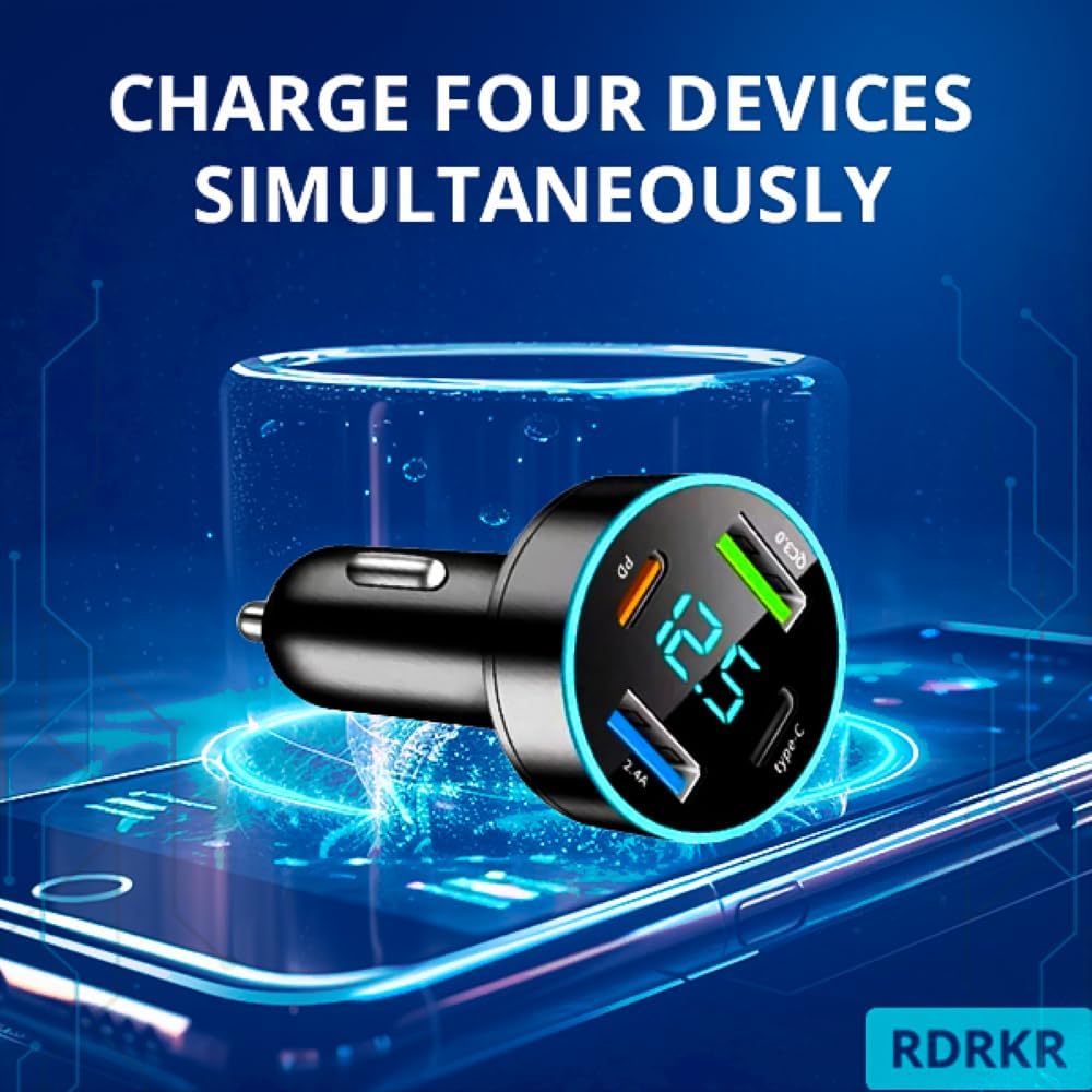 66W Car Charger - 4-Port USB Charger, 2 * USB 2.4A + PD + Type C Cigarette Lighter Adapter, Voltage Meter Compatible with Samsung, iPhone and Other