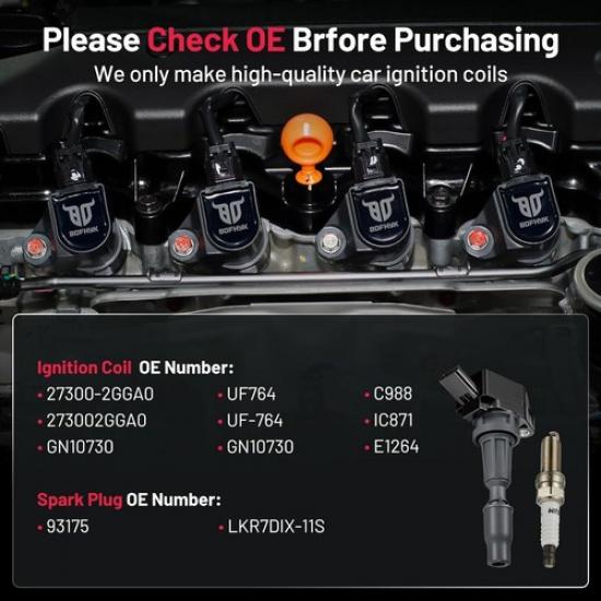 4Pack Ignition Coil & Spark Plug For 2015-2017 Hyundai Sonata Kia Optima UF764