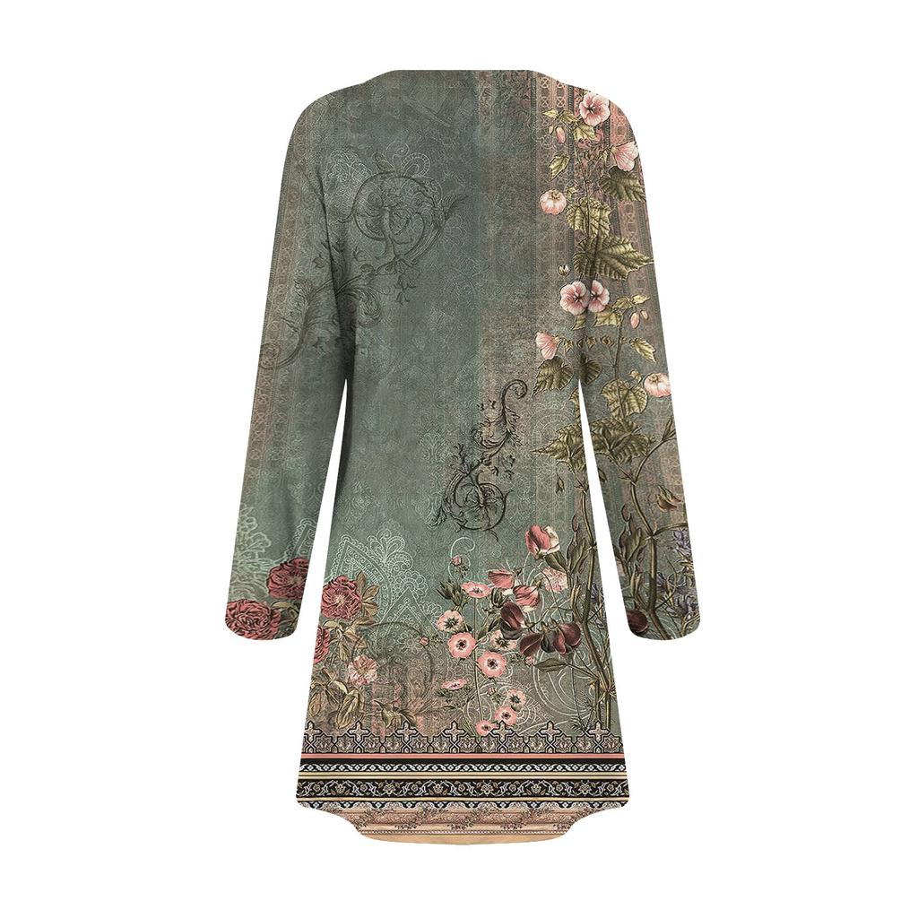 Women's Fashion Casual Print Round Neck Long Sleeve Short Side Pocket Dress