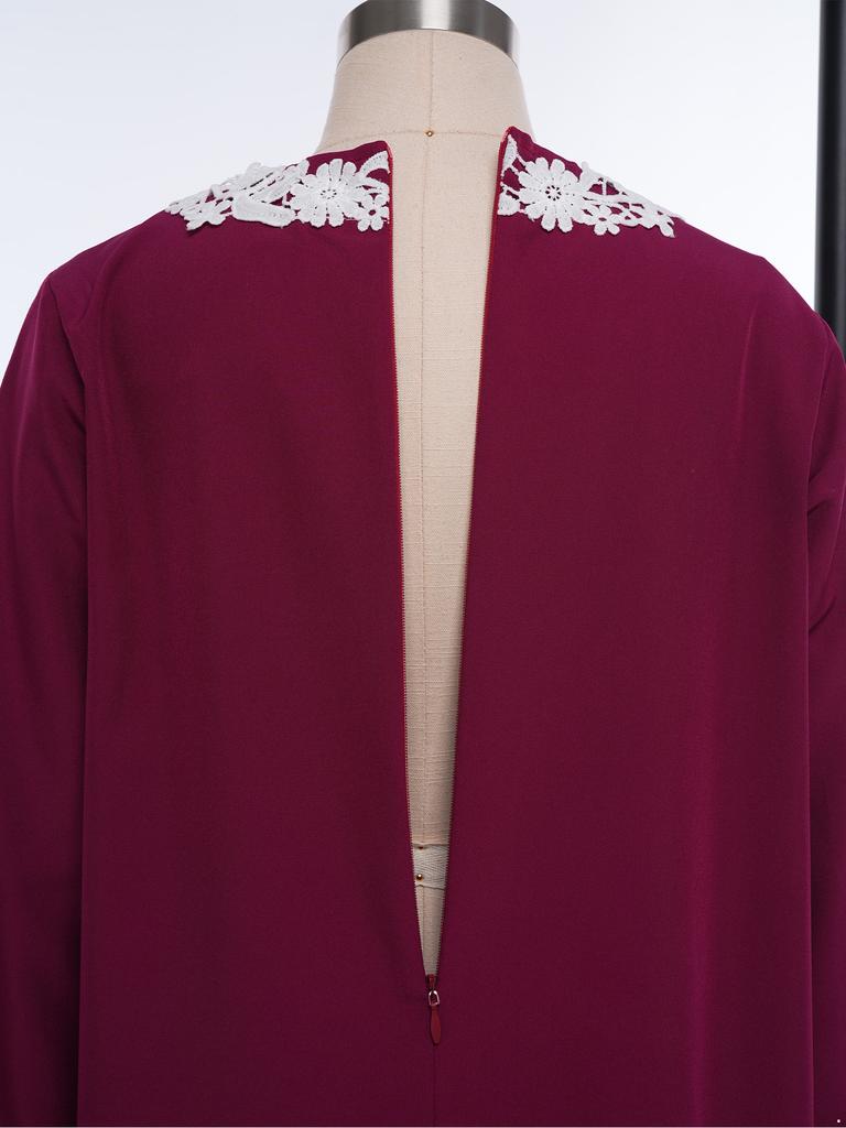 Girls Embroidered Lace Muslim Robe Abaya Round Neck Long Sleeve Back Invisible Zipper Loose Dress