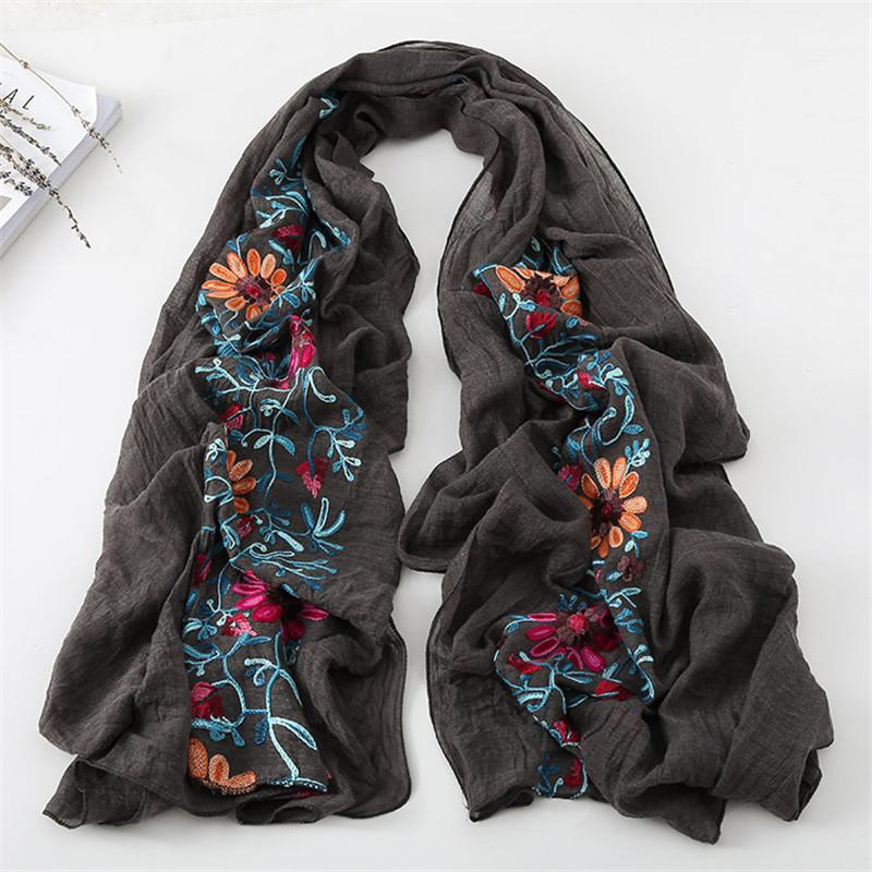 Women Cotton Viscose Shawl Plain Embroider Floral Turban Style Pashmina Wrap Thick Sun Protection Summer Soft Shawl 180*90Cm