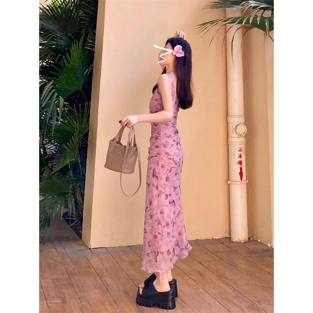 Pink Suspender Floral Dress Women's Summer New Versatile Fairy Temperament Slim and Thin Waist Long Skirt