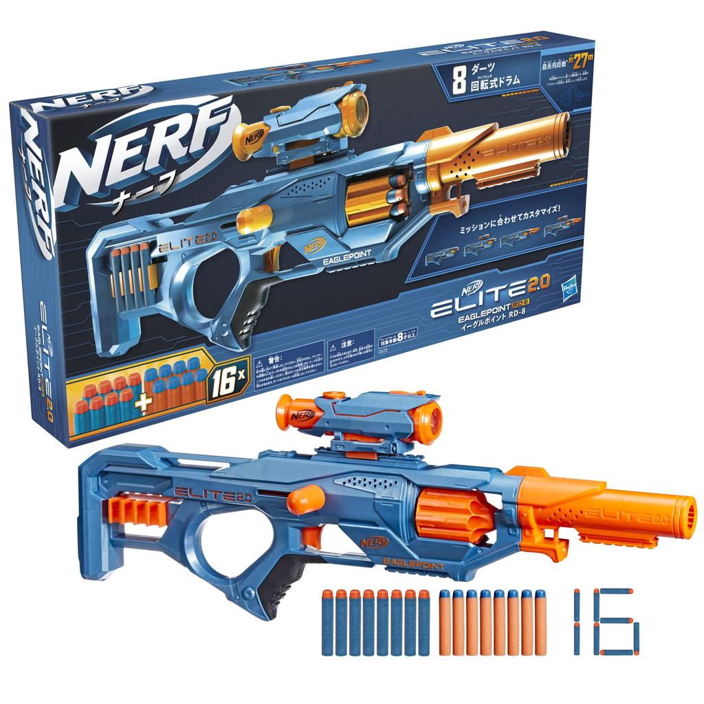 Hasbro Nerf Elite Eagle Point Pistolet na strzałki z lunetą Nerf Bolt Zabawka zewnętrzna dla chłopców i dziewcząt Wiek 2.0 RD-8 Bębenek na 8 strzałek, & Zbiornik, Akcja, 8+