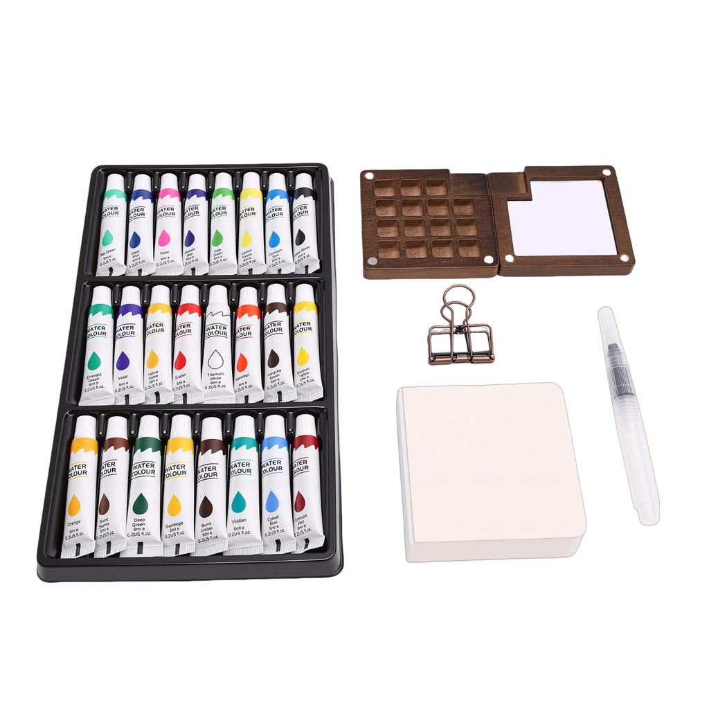 Mini Watercolor Paint Set 15 Grid Wood Palette 24 Colors Portable Sketchbook Painting Kit Watercolor Travel Set