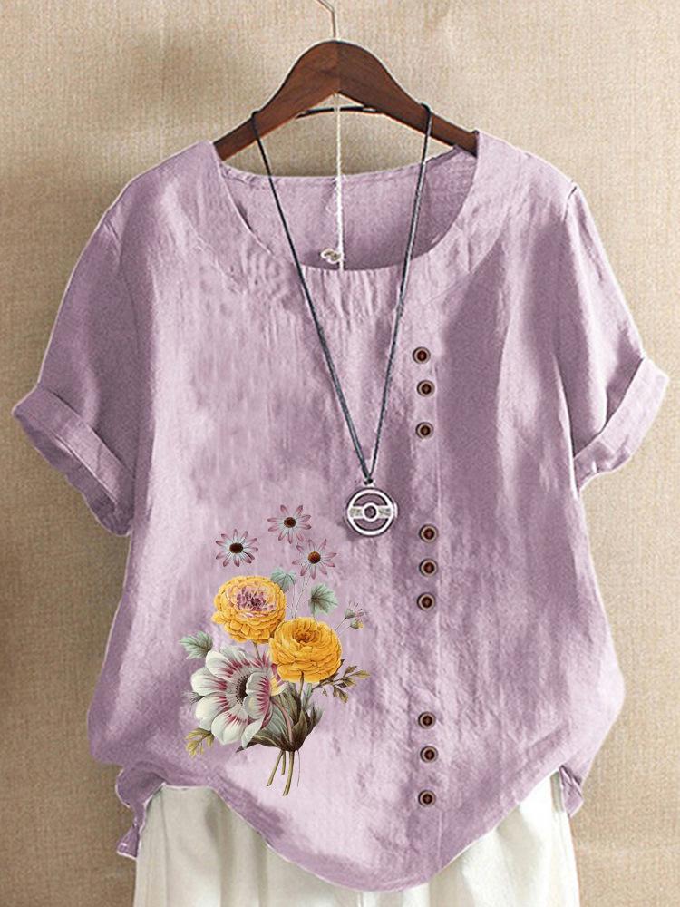 Europe and The United States Printing Cotton Linen Short-sleeved Ladies T-shirt